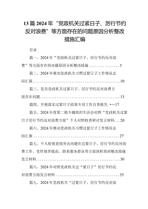 13篇2024年“党政机关过紧日子、厉行节约反对浪费”等方面存在的问题原因分析整改措施汇编.docx