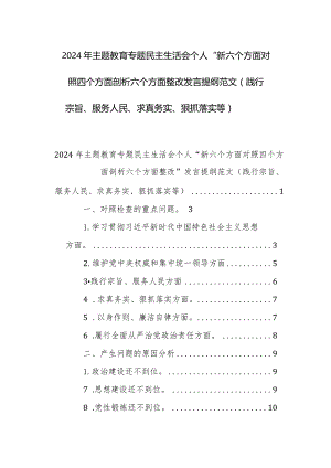 2024年主题教育专题民主生活会个人“新六个方面对照四个方面剖析六个方面整改”发言提纲范文（践行宗旨、服务人民、求真务实、狠抓落实等）.docx