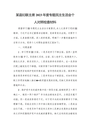 某县妇联主席2023年度专题民主生活会个人对照检查材料.docx