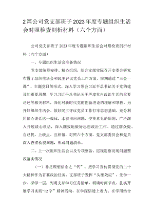2篇公司党支部班子2023年度专题组织生活会对照检查剖析材料（六个方面）.docx