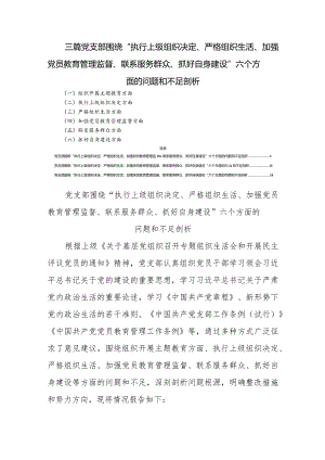 三篇党支部围绕“执行上级组织决定、严格组织生活、加强党员教育管理监督、联系服务群众、抓好自身建设”六个方面的问题和不足剖析.docx