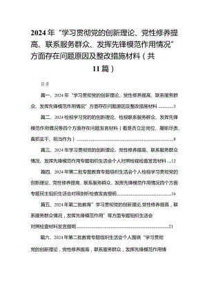 （11篇）2024年“学习贯彻党的创新理论、党性修养提高、联系服务群众、发挥先锋模范作用情况”方面存在问题原因及整改措施材料精选.docx