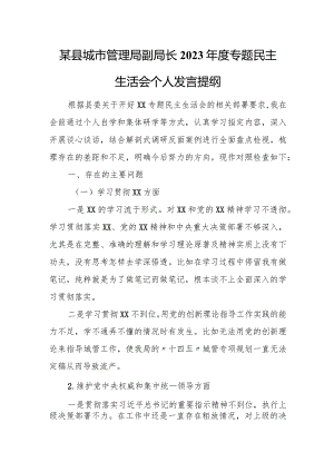某县城市管理局副局长2023年度专题民主生活会个人发言提纲.docx