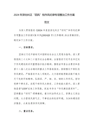 2024年深化纠正“四风”和作风纪律专项整治工作方案范文.docx