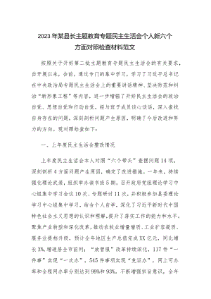 2023年某县长主题教育专题民主生活会个人新六个方面对照检查材料范文.docx