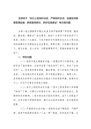支部班子“执行上级组织决定、严格组织生活、加强党员教育管理监督、联系服务群众、抓好自身建设”等方面问题3篇精选.docx