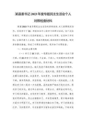 某县委书记2023年度专题民主生活会个人对照检查材料.docx