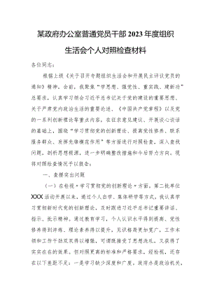 某政府办公室普通党员干部2023年度组织生活会个人对照检查材料.docx