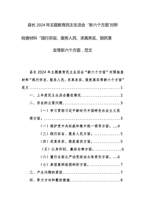 县长2024年主题教育民主生活会“新六个方面”对照检查材料“践行宗旨、服务人民、求真务实、狠抓落实等新六个方面”范文.docx