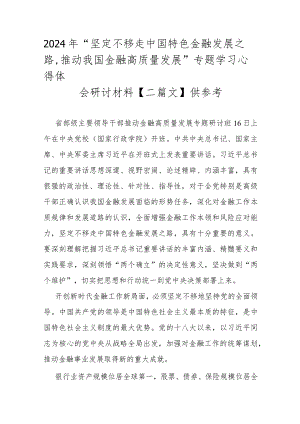 2024年“坚定不移走中国特色金融发展之路推动我国金融高质量发展”专题学习心得体会研讨材料【二篇文】供参考.docx