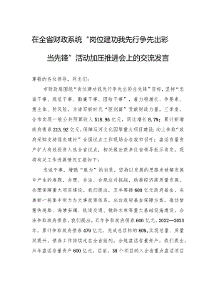 在全省财政系统“岗位建功我先行争先出彩当先锋”活动加压推进会上的交流发言.docx