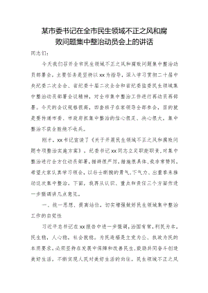 某市委书记在全市民生领域不正之风和腐败问题集中整治动员会上的讲话.docx
