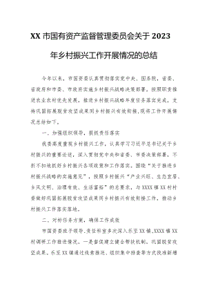 XX市国有资产监督管理委员会关于2023年乡村振兴工作开展情况的总结.docx