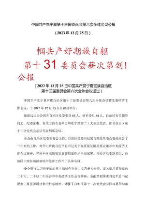 中国共产党宁夏第十三届委员会第六次全体会议公报（2023年12月25日）（2023年）.docx
