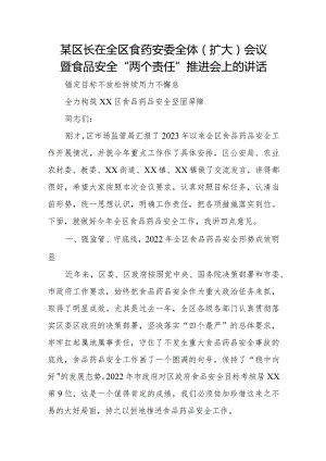 某区长在全区食药安委全体（扩大）会议暨食品安全“两个责任”推进会上的讲话.docx