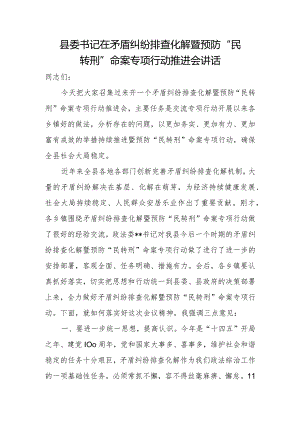 县委书记在矛盾纠纷排查化解暨预防“民转刑”命案专项行动推进会讲话.docx