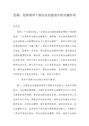 党课：发挥领导干部在法治建设中的关键作用.docx