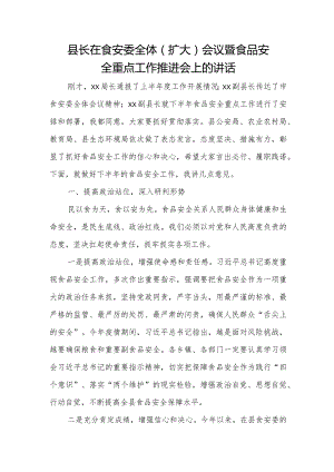 县长在食安委全体（扩大）会议暨食品安全重点工作推进会上的讲话.docx