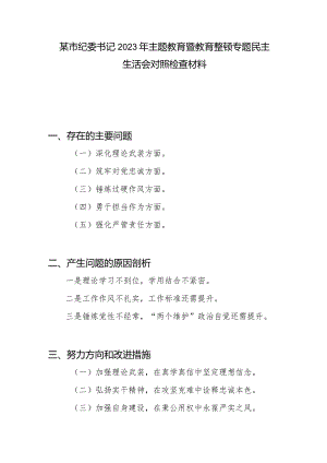 市纪委书记深化理论武装、筑牢对党忠诚、锤炼过硬作风、勇于担当作为、强化严管责任五个方面专题民主生活会对照检查材料.docx