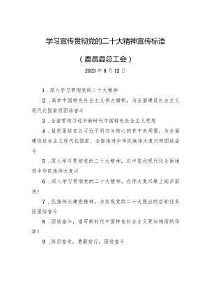 【二十大】学习宣传贯彻党的二十大精神宣传标语（鹿邑县总工会）.docx