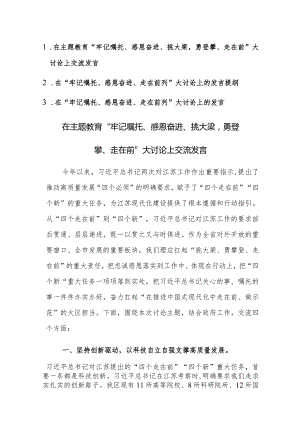 2023年主题教育“牢记嘱托、感恩奋进、挑大梁勇登攀、走在前”大讨论上交流发言范文3篇.docx