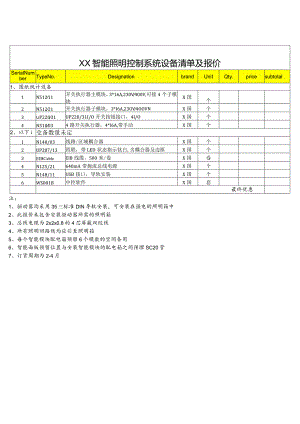 XX智能照明控制系统设备清单及报价（2023年）.docx