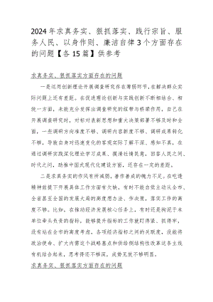 2024年求真务实、狠抓落实、践行宗旨、服务人民、以身作则、廉洁自律3个方面存在的问题【各15篇】供参考.docx