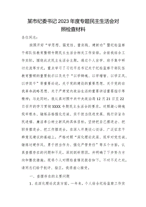 某市纪委书记2023年度专题民主生活会对照检查材料.docx