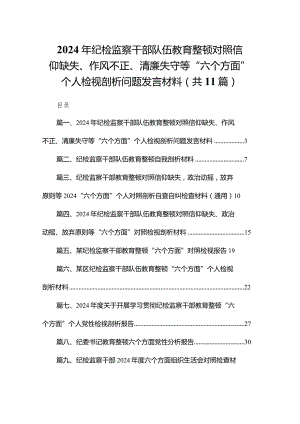2024年纪检监察干部队伍教育整顿对照信仰缺失、作风不正、清廉失守等“六个方面”个人检视剖析问题发言材料【11篇精选】供参考.docx