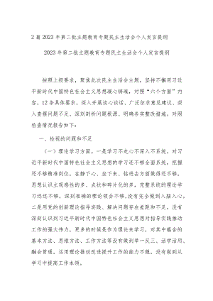 2篇2023年第二批主题教育专题民主生活会个人发言提纲.docx