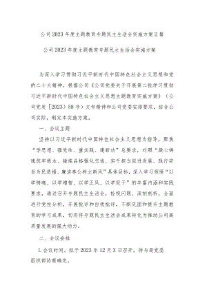 公司2023年度主题教育专题民主生活会实施方案2篇.docx