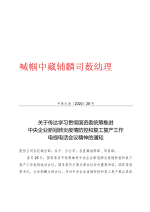 206.关于传达学习贯彻国资委统筹推进中央企业新冠肺炎疫情防控和复工复产工作电视电话会议精神的通知.docx