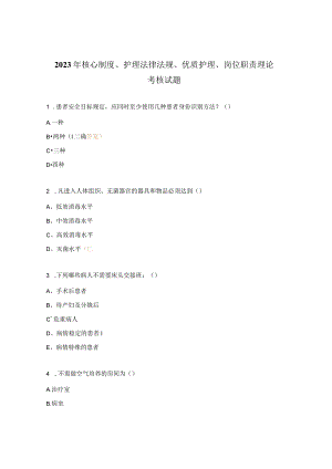 2023年核心制度、护理法律法规、优质护理、岗位职责理论考核试题.docx