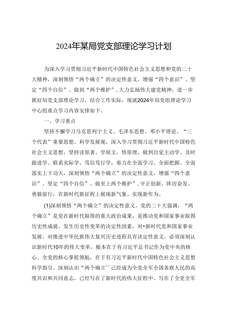 2024年某局党支部理论学习计划.docx_第1页