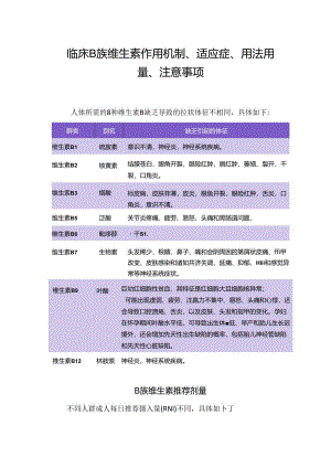 临床B族维生素作用机制、适应症、用法用量、注意事项.docx