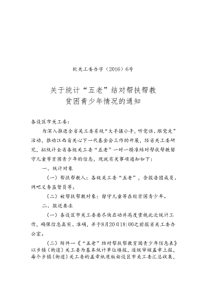 20160719赣关工委办字〔2016〕6号关于统计“五老”结对帮扶帮教贫困青少年情况的通知.docx