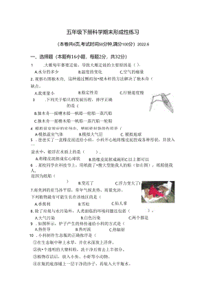 五年级下册科学期末形成性练习.docx