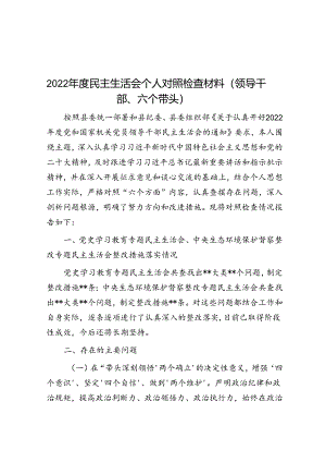 2022年度民主生活会个人对照检查材料（领导干部、六个带头）.docx