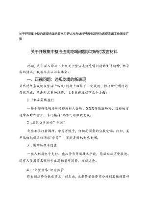 2024年关于开展集中整治违规吃喝问题学习研讨发言材料+开展专项整治违规吃喝工作情况汇报.docx