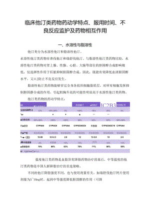 临床他汀类药物药动学特点、服用时间、不良反应监护及药物相互作用.docx