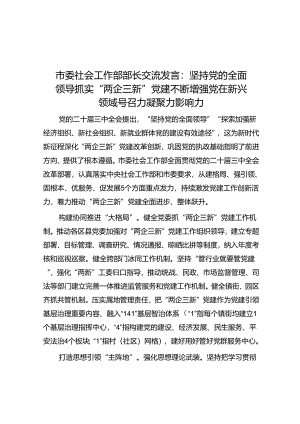 交流发言：坚持党的全面领导 抓实“两企三新”党建 不断增强党在新兴领域号召力凝聚力影响力（市委社会工作部部长）.docx