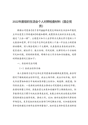 2022年度组织生活会个人对照检查材料（国企党员）.docx