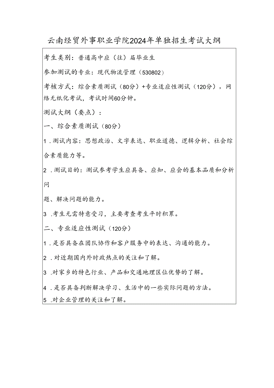 云南经贸外事职业学院2024年单独招生考试大纲——现代物流管理专业(普高).docx_第1页