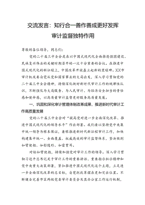 交流发言：知行合一善作善成更好发挥审计监督独特作用.docx