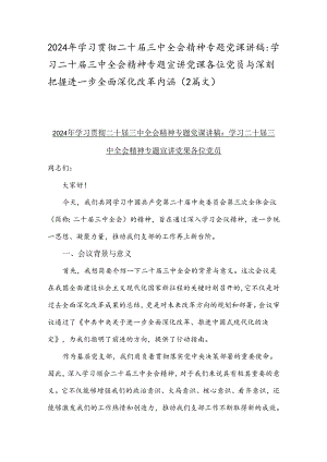 2024年学习贯彻二十届三中全会精神专题党课讲稿：学习二十届三中全会精神专题宣讲党课各位党员与深刻把握进一步全面深化改革内涵（2篇文）.docx