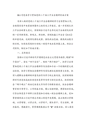X公司党委学习贯彻党的二十届三中全会精神实施方案.docx