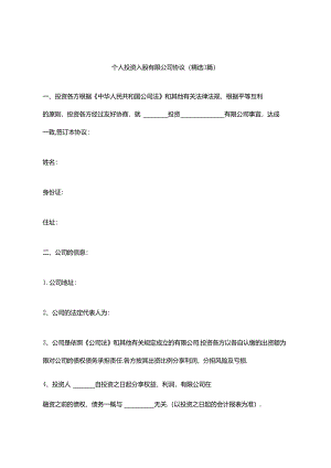 个人投资入股有限公司协议（精选3篇）.docx