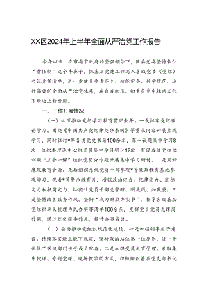XX区2024年上半年全面从严治党工作报告.docx