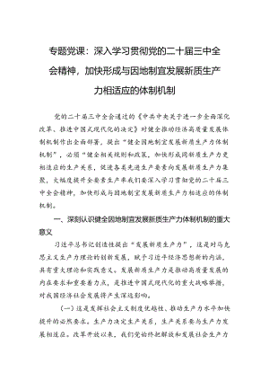 专题党课：深入学习贯彻党的二十届三中全会精神加快形成与因地制宜发展新质生产力相适应的体制机制.docx