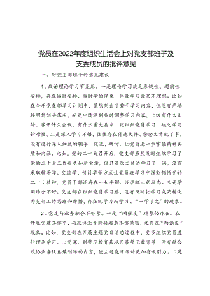 党员在2022年度组织生活会上对党支部班子及支委成员的批评意见&先进事迹：人大代表为人民履职尽责展风采.docx